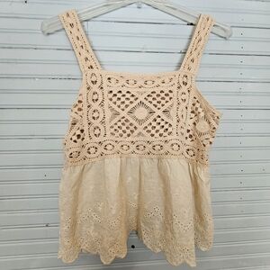 Kontrol Crochet Eyelet Ercu Tan Bohemian Cream Tank Top Size L